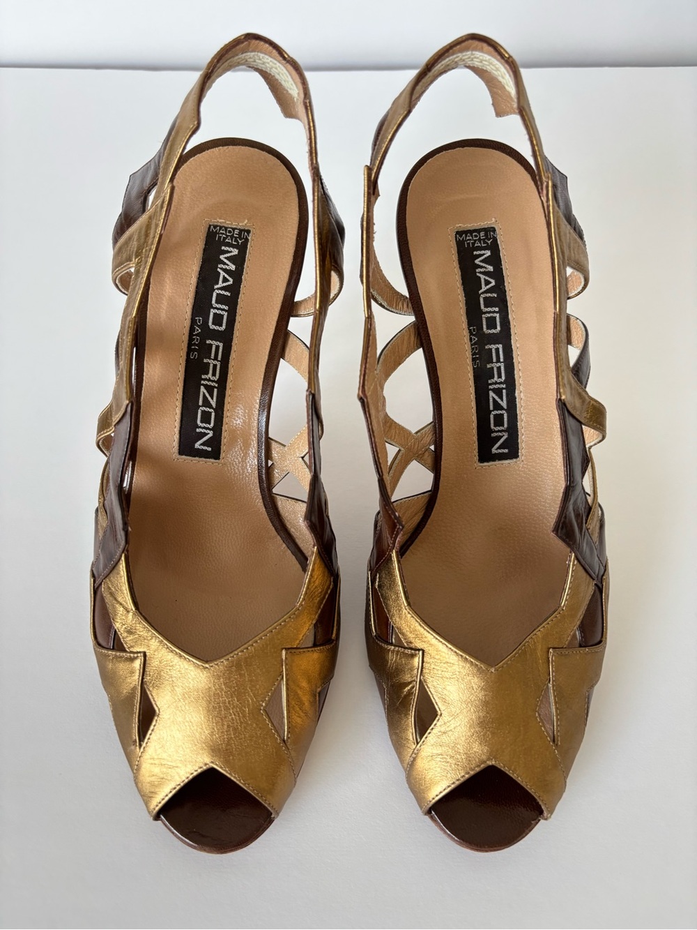Vintage Maud Frizon 'M' Zig Zag Gold Lamé Metallic Slingback Heels 37.5 US 6.5-7